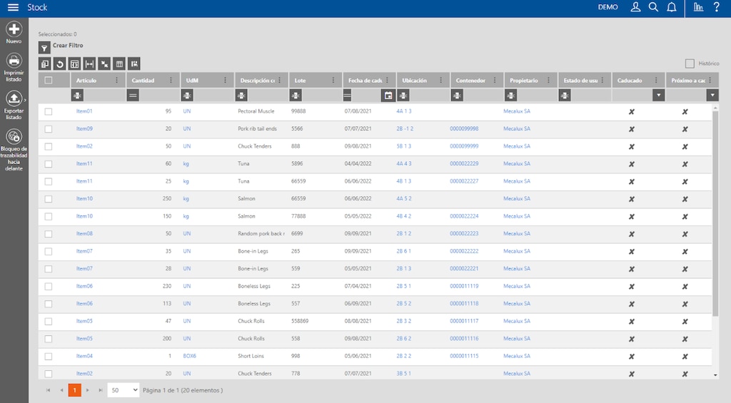 Captura de pantalla de Easy WMS con el listado del stock disponible en el almacén 