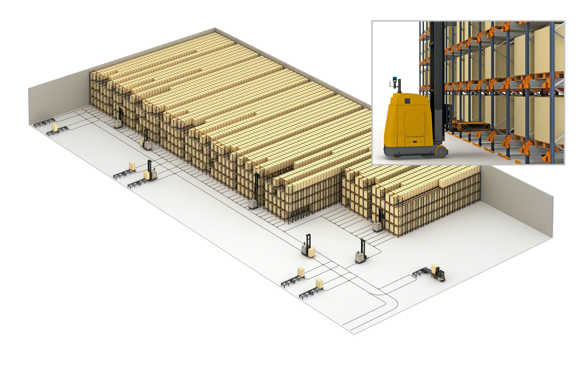 Los vehículos AGV, que funcionan mediante filoguiado, también pueden integrarse en el sistema Pallet Shuttle semiautomático