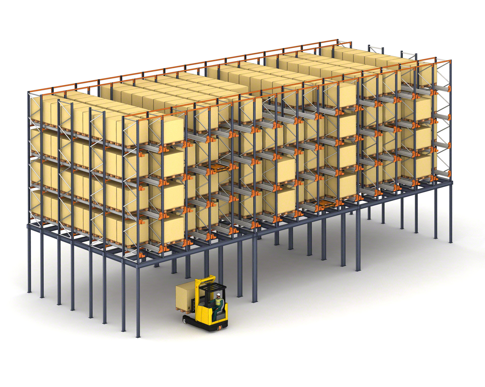 En depósitos de espacio reducido, el sistema Pallet Shuttle se puede colocar en un entrepiso para aprovechar la superficie