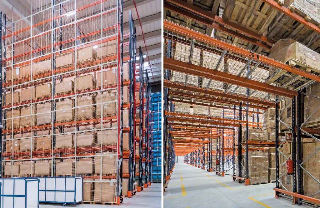 Las mallas anticaída se instalan en la parte trasera de los racks o en el techo de los pasillos transversales Las mallas anticaída se instalan en la parte trasera de los racks o en el techo de los pasillos transversales