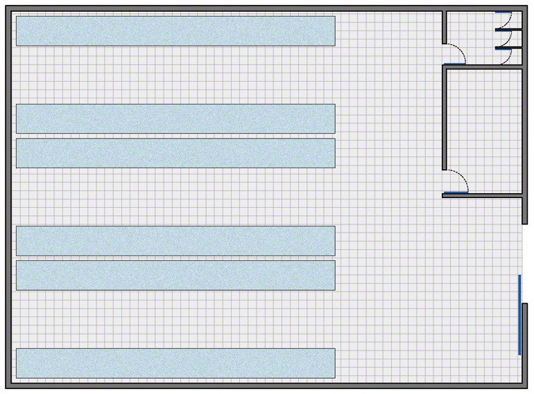 Almacén con la configuración más simple: zona de almacenaje, zona de gestión y vestuarios y aseos para el personal