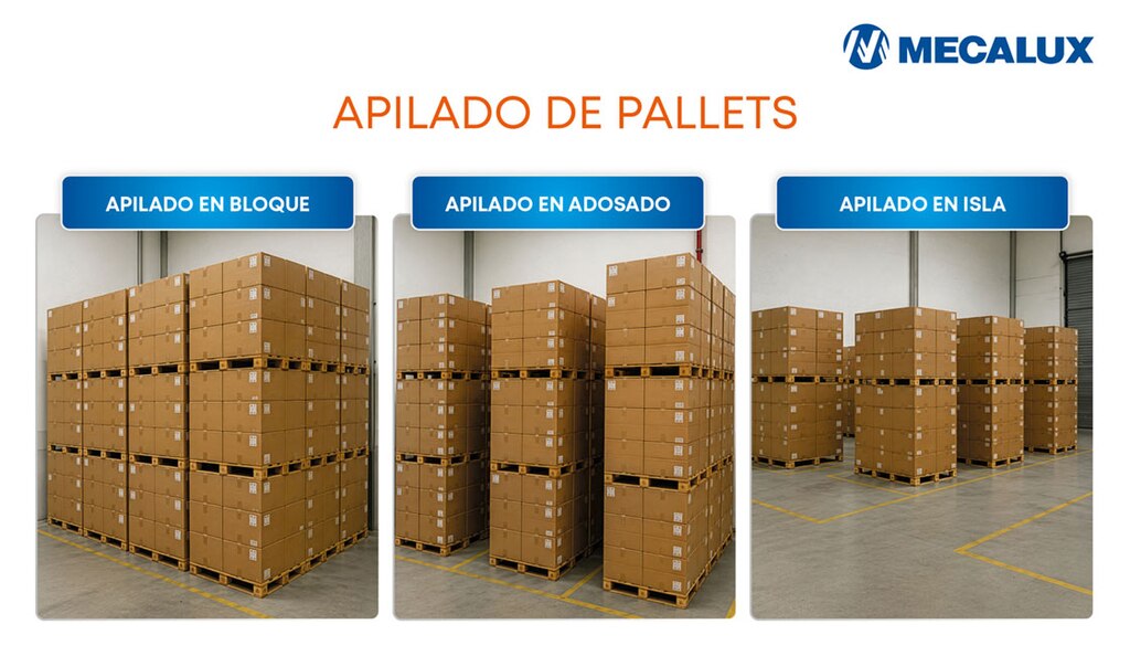 El apilado de pallets puede organizarse en bloque, en adosado o en isla