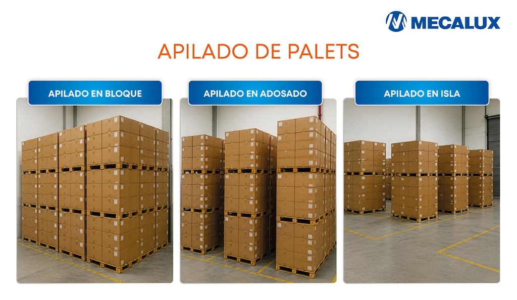 El apilado de pallets puede organizarse en bloque, en adosado o en isla