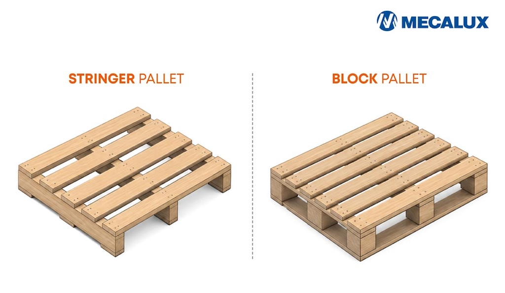 Los block pallets utilizan tacos distribuidos y los stringer presentan travesaños longitudinales