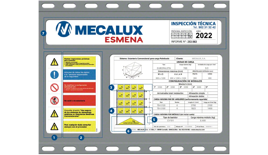 Ejemplo de una placa de características para racks de Mecalux