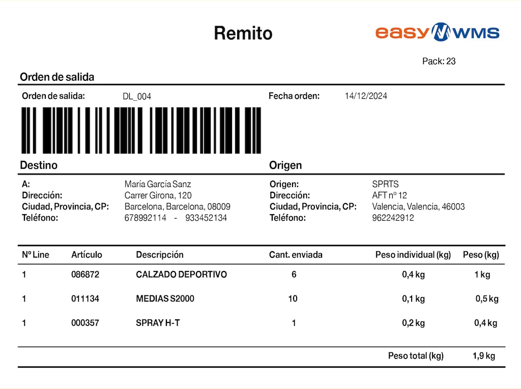 Ejemplo de remito digital generado por el sistema de gestión de almacenes Easy WMS de Mecalux