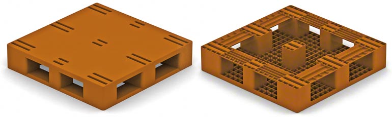 Este modelo se parece mucho a una paleta de madera del tipo 2, con patines perimetrales; se han de tener en cuenta las mismas restricciones que con aquellas.