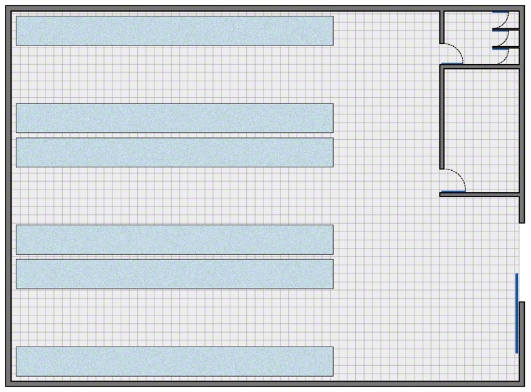 Almacén con la configuración más simple: zona de almacenaje, zona de gestión y vestuarios y aseos para el personal